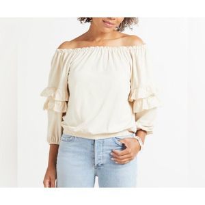 Evereve tops Evereve Cory ruffle sleeve knit top off shoulder touched blouson cr